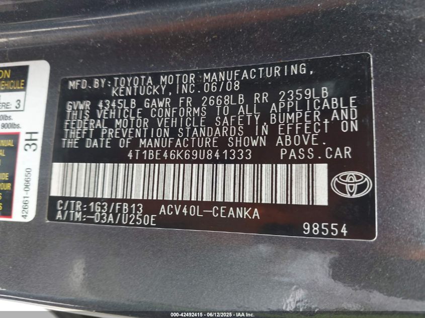 2009 Toyota Camry Le VIN: 4T1BE46K69U841333 Lot: 42492415