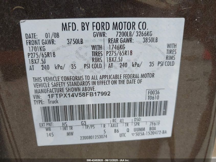2008 Ford F-150 Fx4/Lariat/Xl/Xlt VIN: 1FTPX14V58FB17992 Lot: 42492628