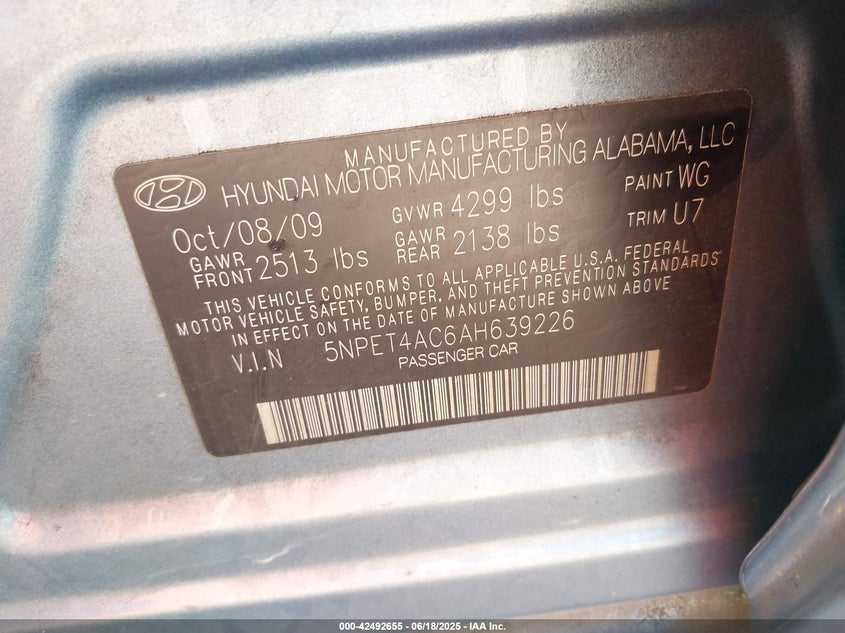2010 HYUNDAI SONATA VIN: 5NPET4AC6AH639226