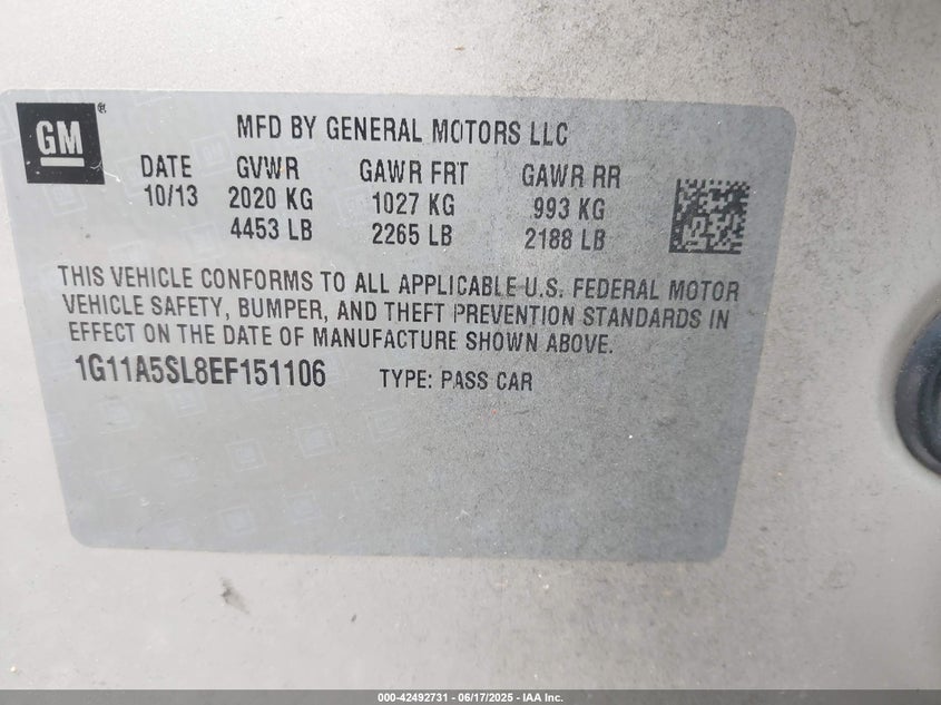 2014 CHEVROLET MALIBU VIN: 1G11A5SL8EF151106