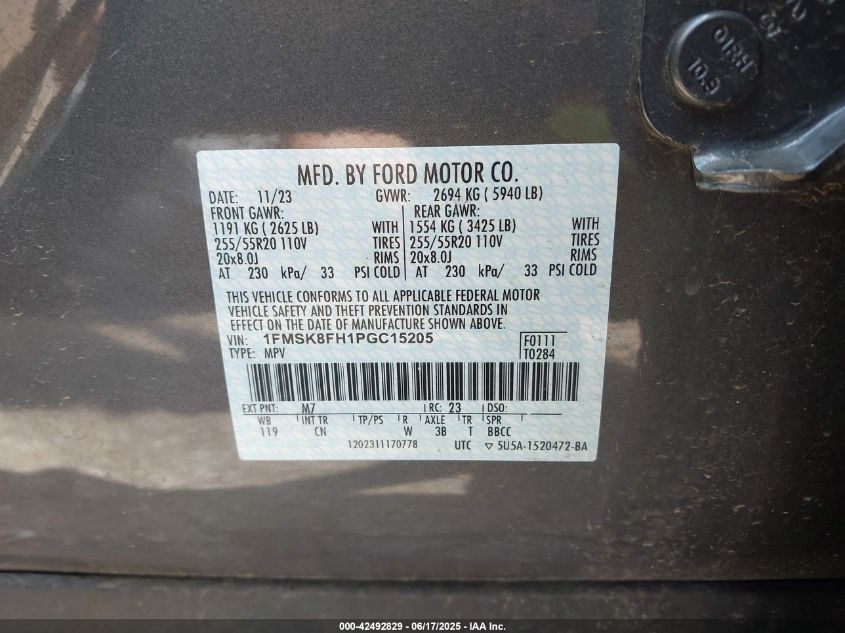 2023 Ford Explorer Limited VIN: 1FMSK8FH1PGC15205 Lot: 42492829