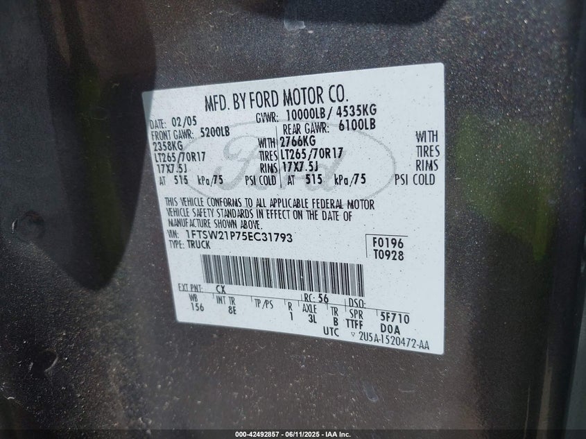 2005 Ford F-250 Lariat/Xl/Xlt VIN: 1FTSW21P75EC31793 Lot: 42492857