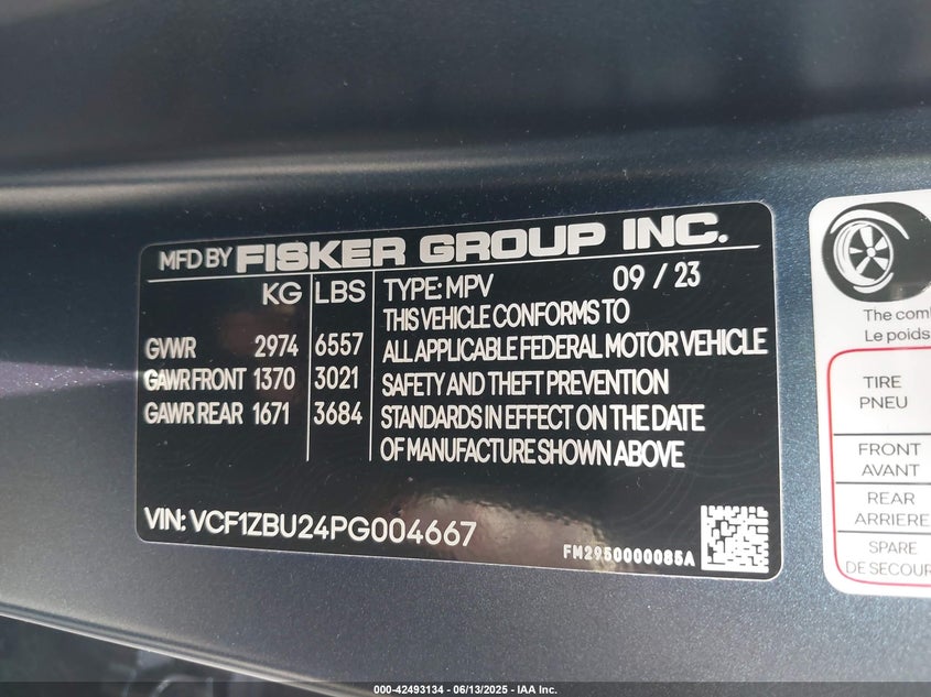 VIN VCF1ZBU24PG004667 2023 FISKER OCEAN ONE