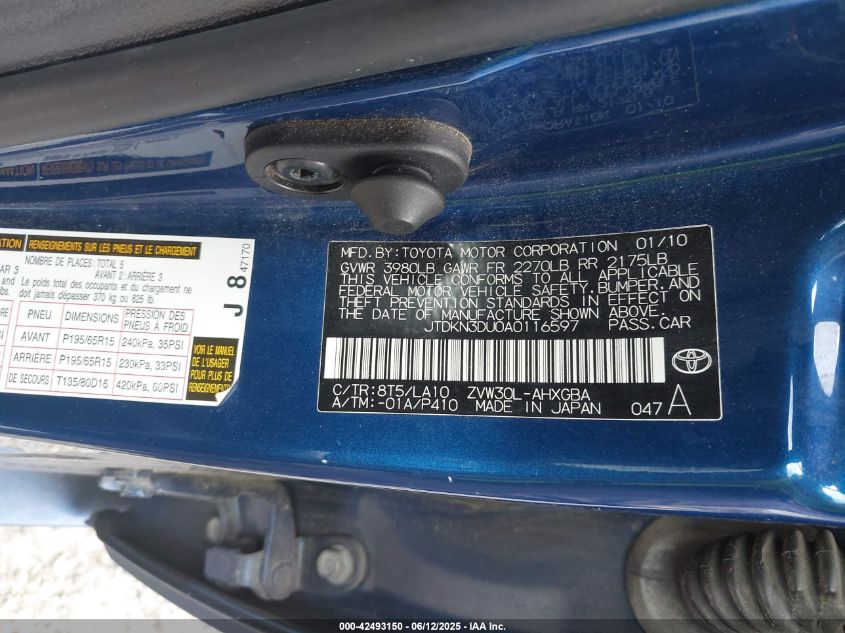 2010 Toyota Prius Iv VIN: JTDKN3DU0A0116597 Lot: 42493150