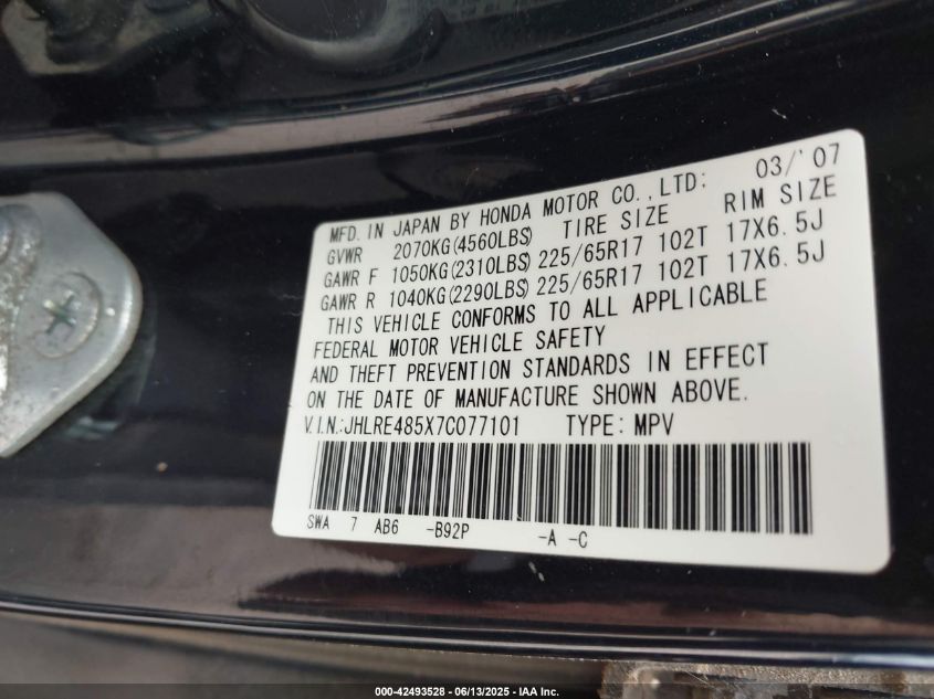 2007 Honda Cr-V Ex VIN: JHLRE485X7C077101 Lot: 42493528