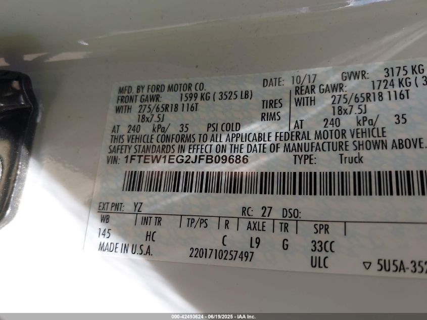 2018 Ford F-150 Lariat VIN: 1FTEW1EG2JFB09686 Lot: 42493624