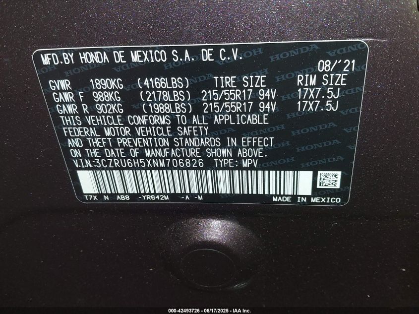 2022 Honda Hr-V Ex VIN: 3CZRU6H5XNM706822 Lot: 42493726