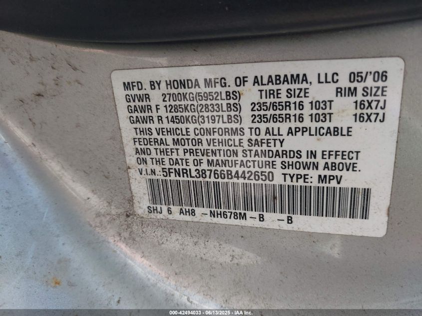 2006 Honda Odyssey Ex-L VIN: 5FNRL38766B442650 Lot: 42494033
