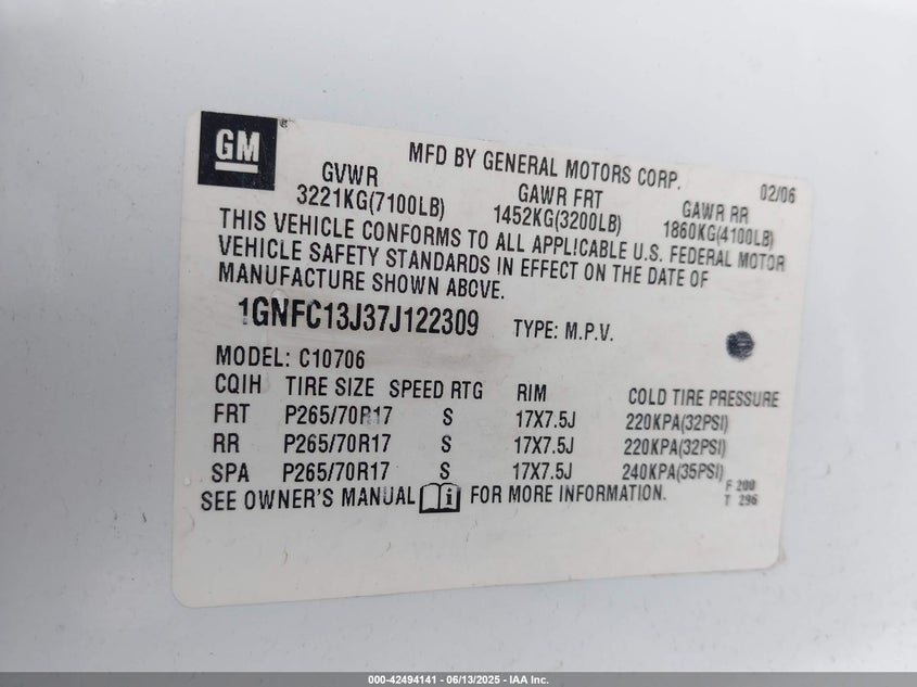 2007 CHEVROLET TAHOE VIN: 1GNFC13J37J122309
