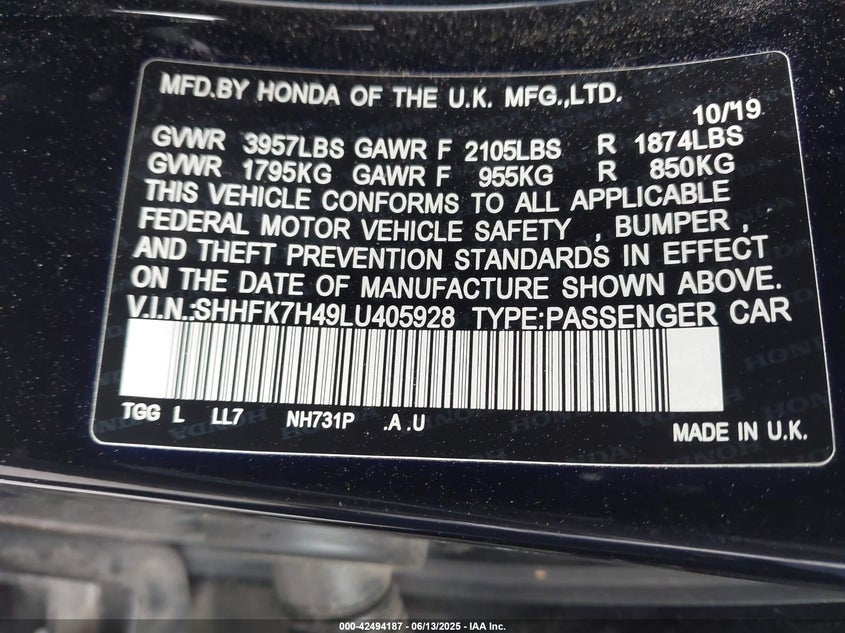 VIN SHHFK7H49LU405928 2020 HONDA CIVIC SPORT