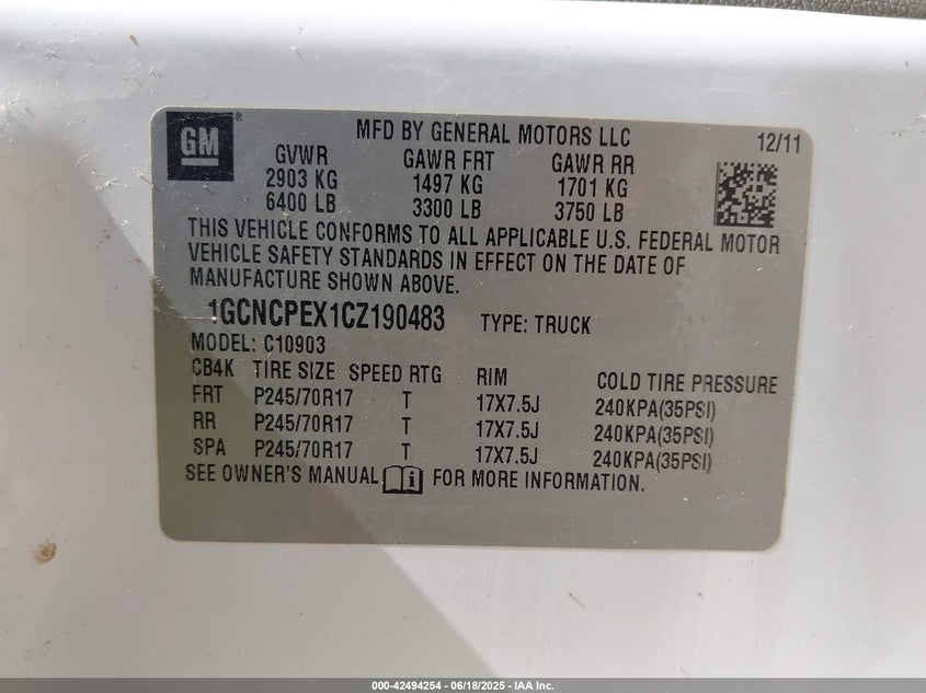2012 CHEVROLET SILVERADO 1500 VIN: 1GCNCPEX1CZ190483