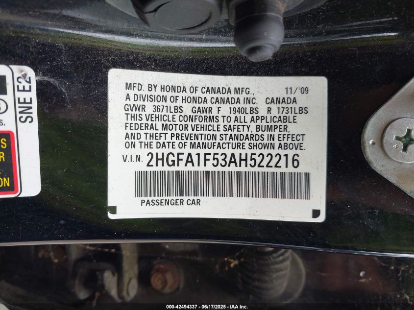 2010 Honda Civic Lx VIN: 2HGFA1F53AH522216 Lot: 42494337