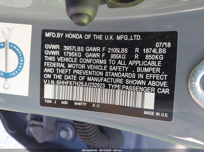 2018 HONDA CIVIC VIN: SHHFK7H25JU232923
