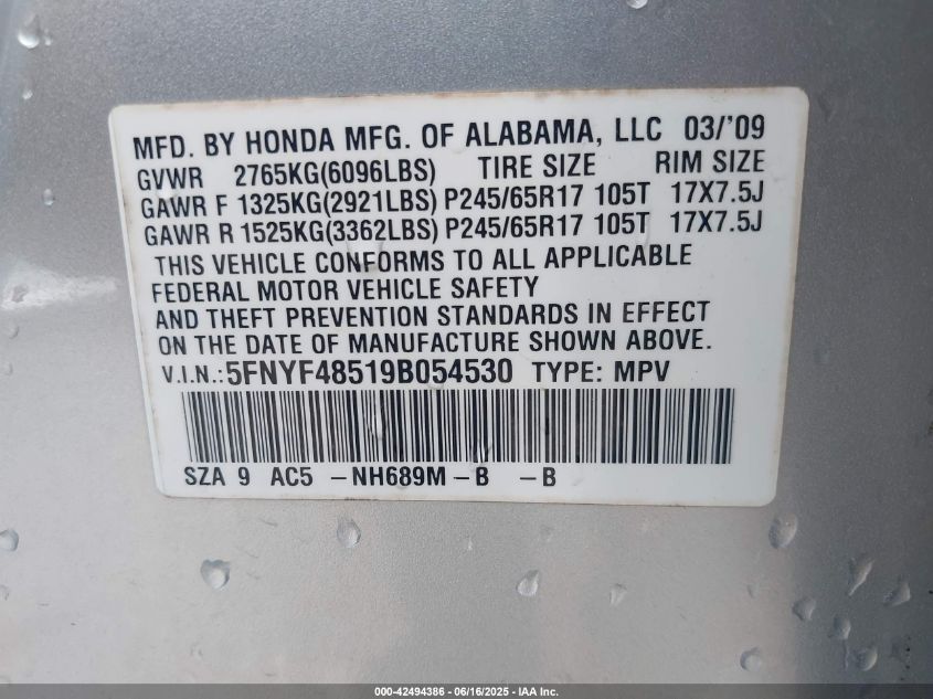2009 Honda Pilot Ex-L VIN: 5FNYF48519B054530 Lot: 42494386