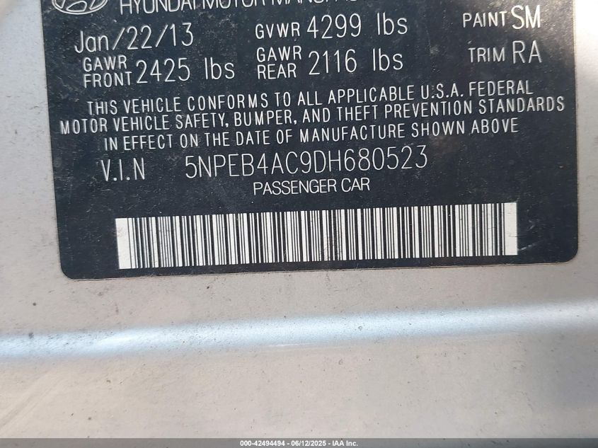 2013 Hyundai Sonata Gls VIN: 5NPEB4AC9DH680523 Lot: 42494494