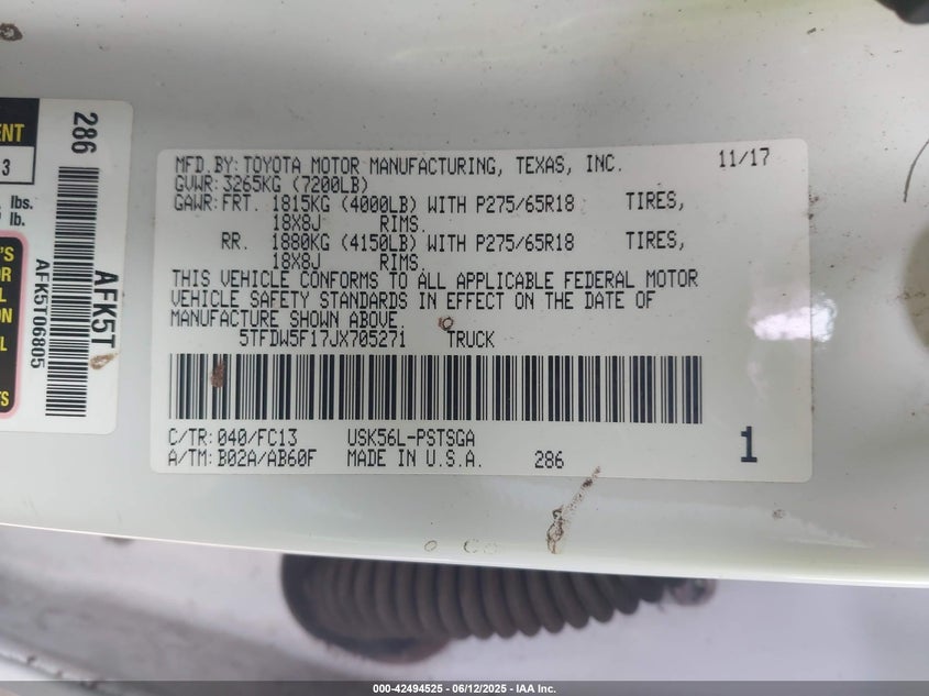 2018 TOYOTA TUNDRA SR5 5.7L V8 - 5TFDW5F17JX705271