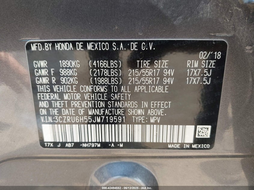 2018 HONDA HR-V VIN: 3CZRU6H55JM719591