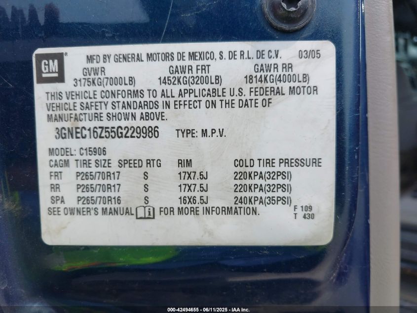 2005 Chevrolet Suburban 1500 Lt VIN: 3GNEC16Z55G229986 Lot: 42494655