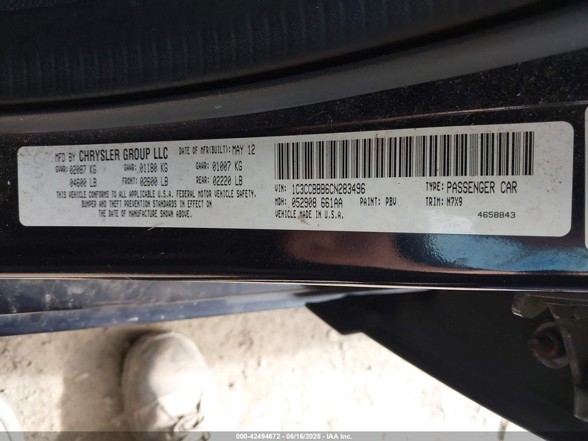 2012 CHRYSLER 200 VIN: 1C3CCBBB6CN283496