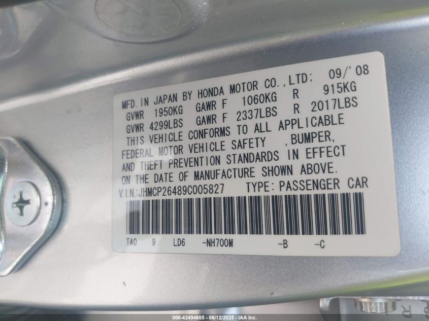 2009 Honda Accord 2.4 Lx-P VIN: JHMCP26489C005827 Lot: 42494685
