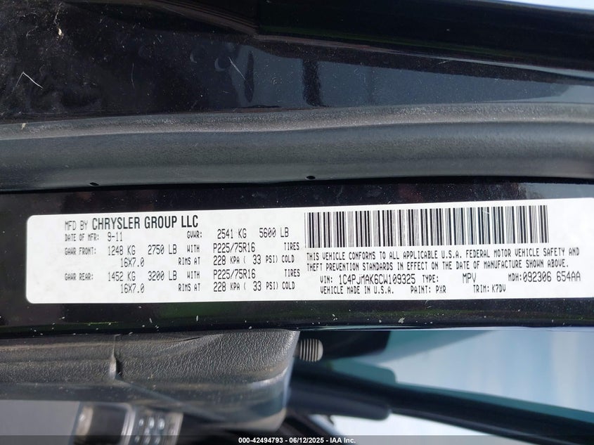 2012 JEEP LIBERTY VIN: 1C4PJMAK6CW109325