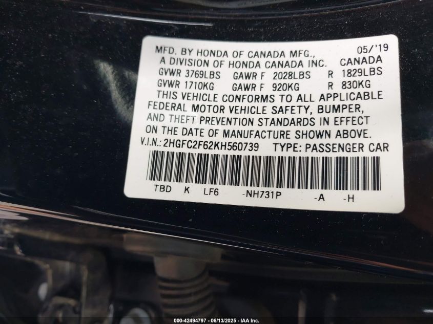 2019 Honda Civic Lx VIN: 2HGFC2F62KH560739 Lot: 42494797