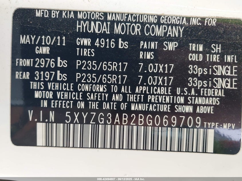 2011 HYUNDAI SANTA FE VIN: 5XYZG3AB2BG069709