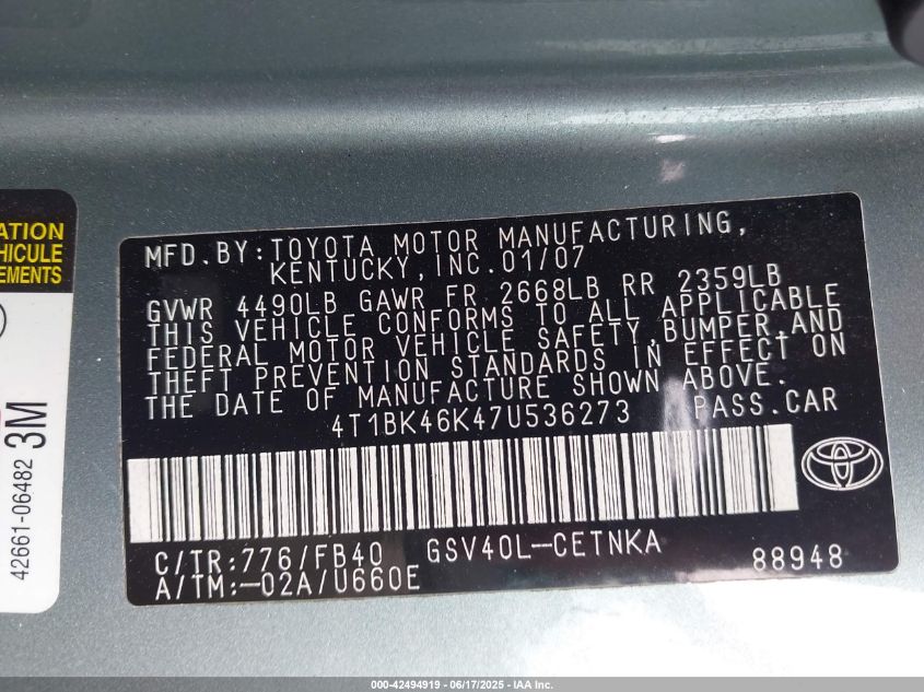 2007 Toyota Camry Le V6 VIN: 4T1BK46K47U536273 Lot: 42494919