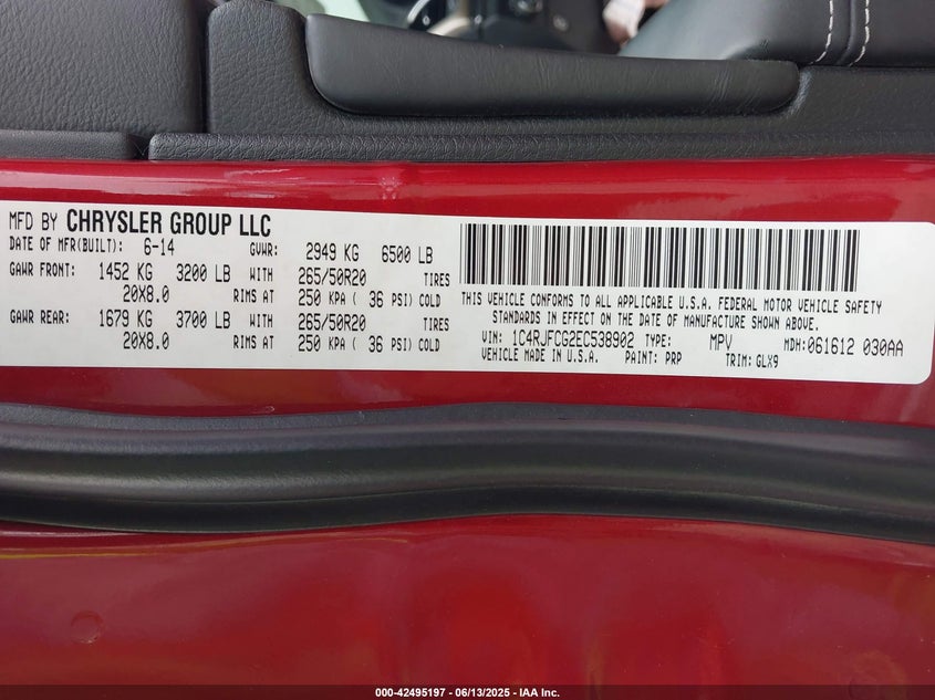 2014 JEEP GRAND CHEROKEE VIN: 1C4RJFCG2EC538902