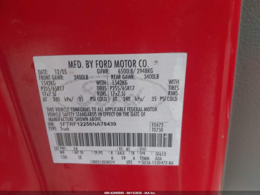 2006 FORD F-150 VIN: 1FTRF12256NA78439