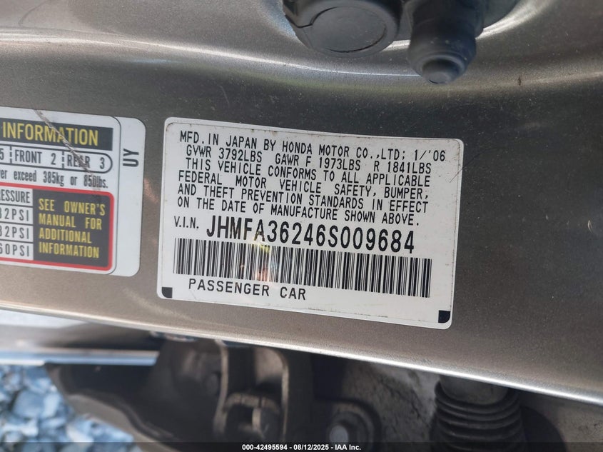 2006 Honda Civic Hybrid VIN: JHMFA36246S009684 Lot: 42495594