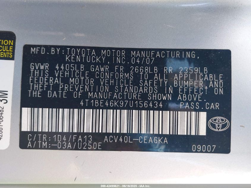 2007 Toyota Camry Xle VIN: 4T1BE46K97U156434 Lot: 42495621