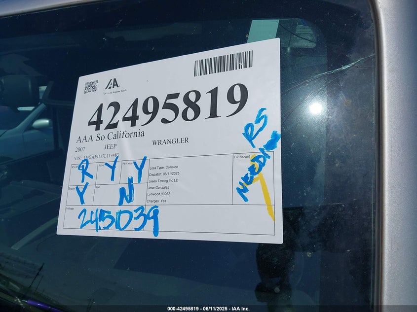 2007 Jeep Wrangler Unlimited X VIN: 1J4GA39117L113483 Lot: 42495819