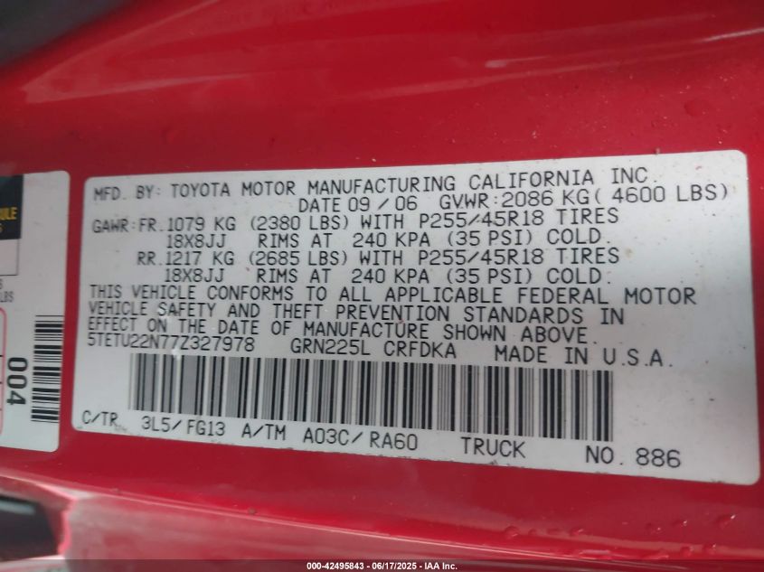 2007 Toyota Tacoma X-Runner VIN: 5TETU22N77Z327978 Lot: 42495843