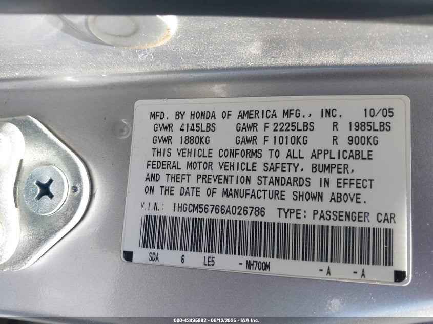 2006 HONDA ACCORD VIN: 1HGCM56766A026786