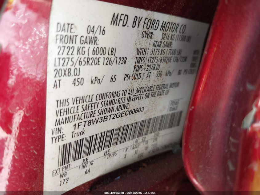 2016 Ford F-350 Lariat VIN: 1FT8W3BT2GEC60603 Lot: 42495980