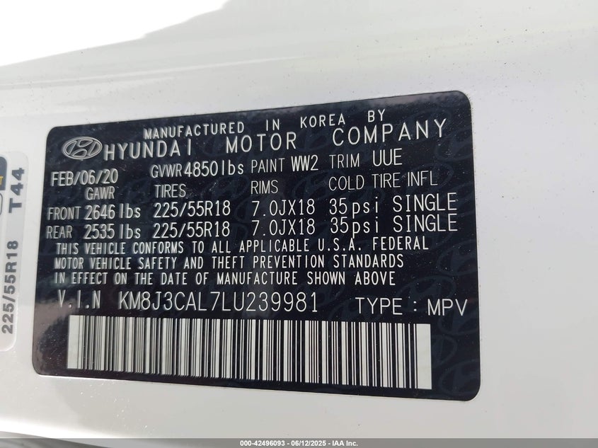 VIN KM8J3CAL7LU239981 2020 HYUNDAI TUCSON LIMITED