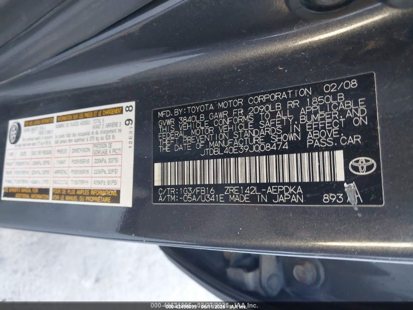 2009 Toyota Corolla Le VIN: JTDBL40E39J008474 Lot: 42496099
