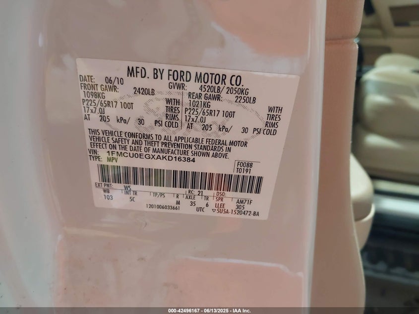 2010 FORD ESCAPE VIN: 1FMCU0EGXAKD16384