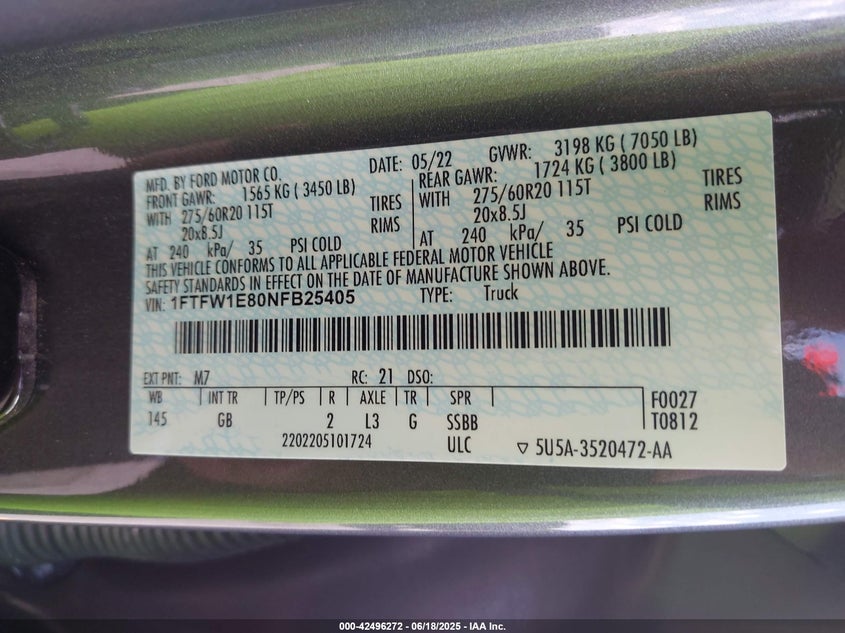 VIN 1FTFW1E80NFB25405 2022 FORD F-150 XL