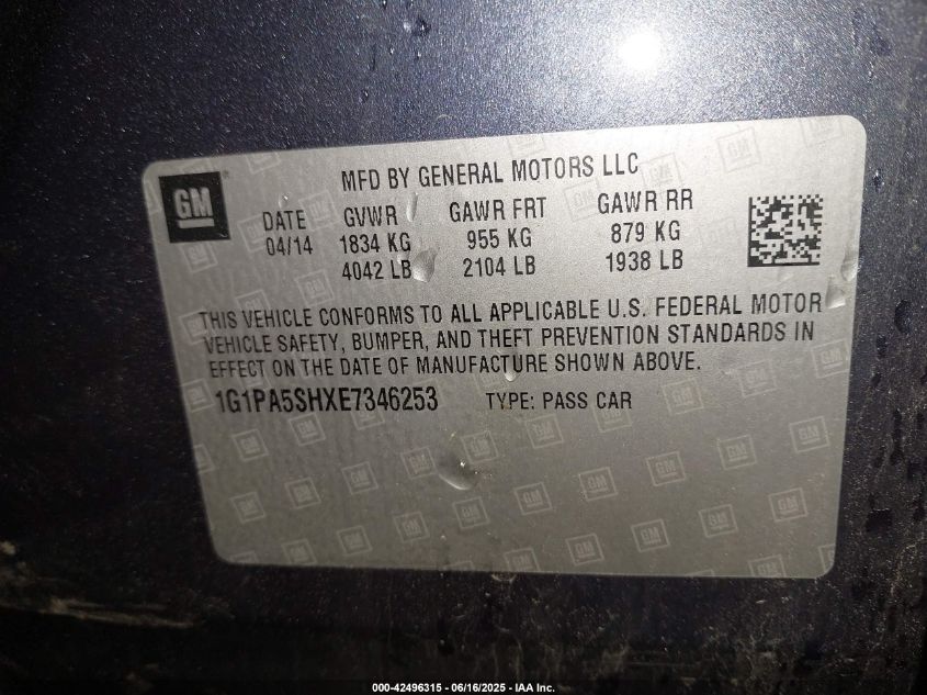 2014 Chevrolet Cruze Ls Auto VIN: 1G1PA5SHXE7346253 Lot: 43803276