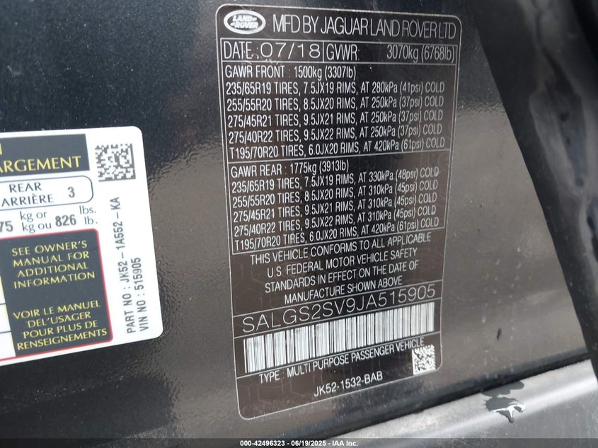 VIN SALGS2SV9JA515905 2018 LAND ROVER RANGE ROVER 3.0L V6 SUPERCHARGED HSE