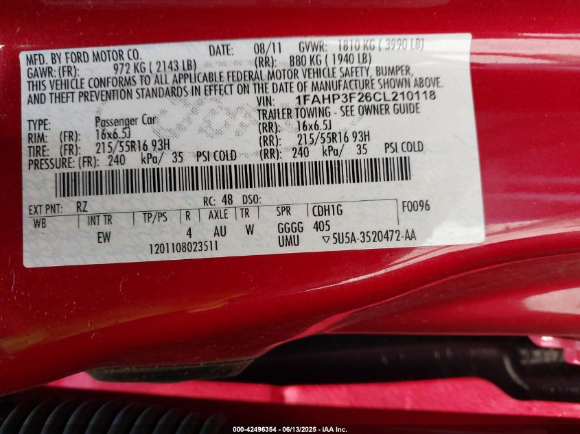 2012 Ford Focus Se VIN: 1FAHP3F26CL210118 Lot: 42496354