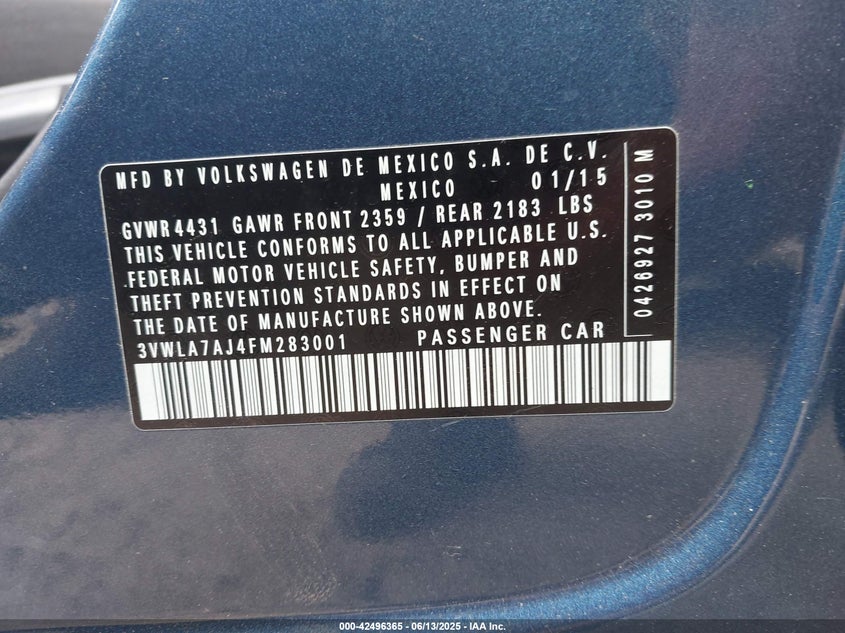 2015 VOLKSWAGEN JETTA 2.0L TDI S - 3VWLA7AJ4FM283001