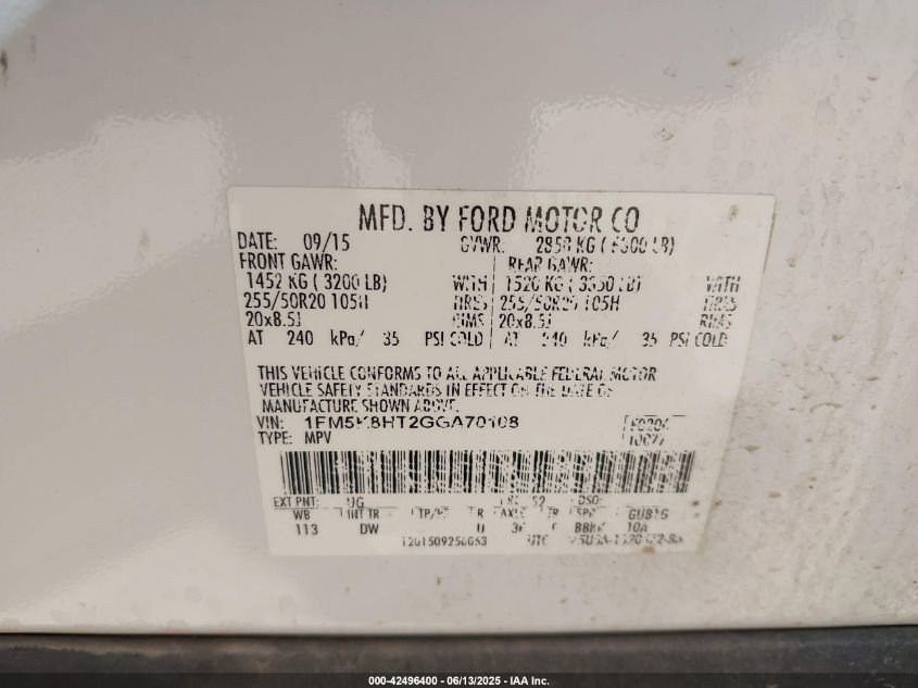 2016 Ford Explorer Platinum VIN: 1FM5K8HT2GGA70108 Lot: 42496400