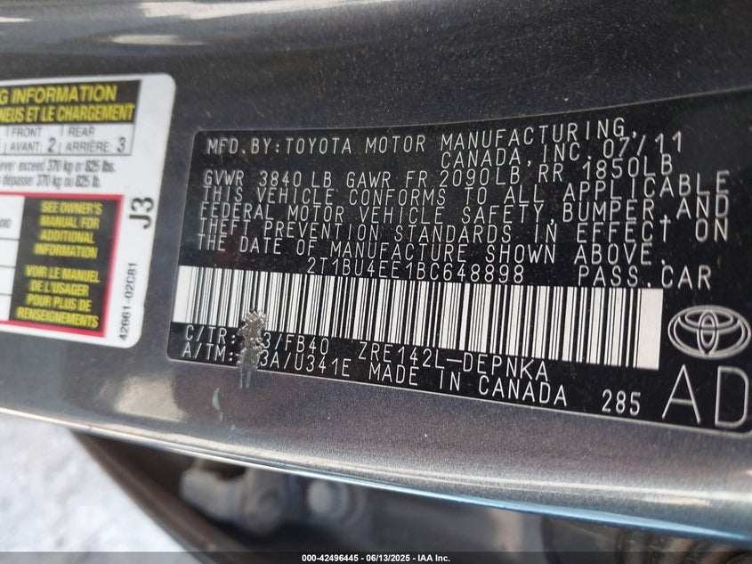 2011 TOYOTA COROLLA VIN: 2T1BU4EE1BC648898