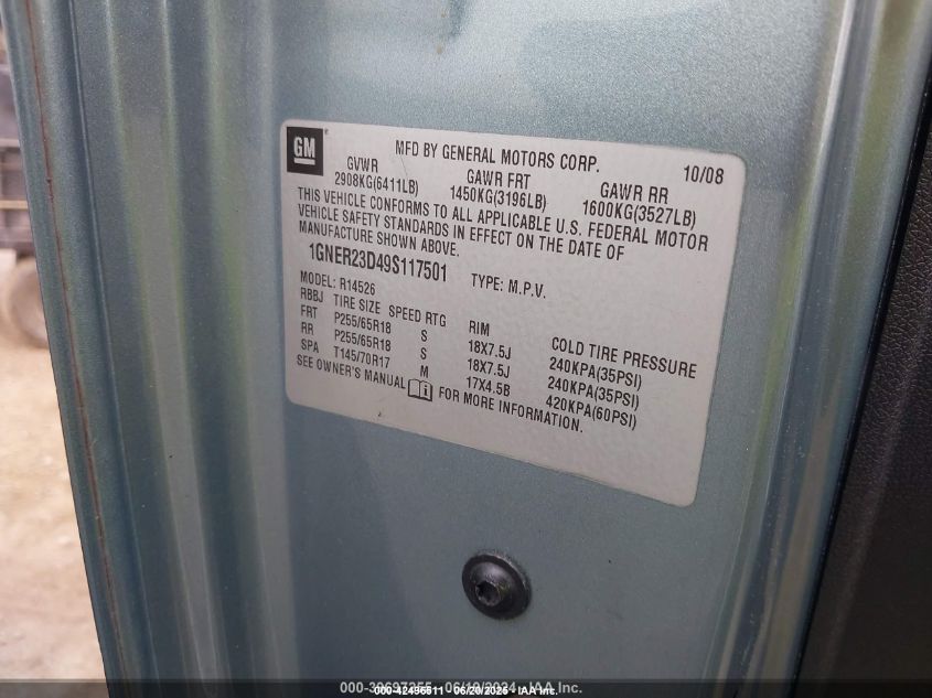 2009 Chevrolet Traverse Lt VIN: 1GNER23D49S117501 Lot: 42496511