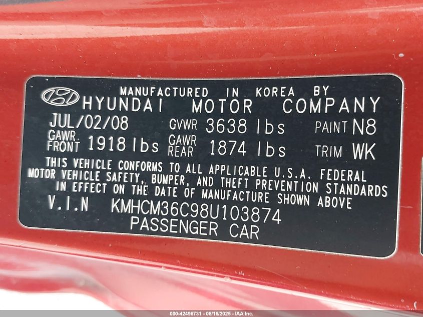 2008 Hyundai Accent Gs VIN: KMHCM36C98U103874 Lot: 42496731