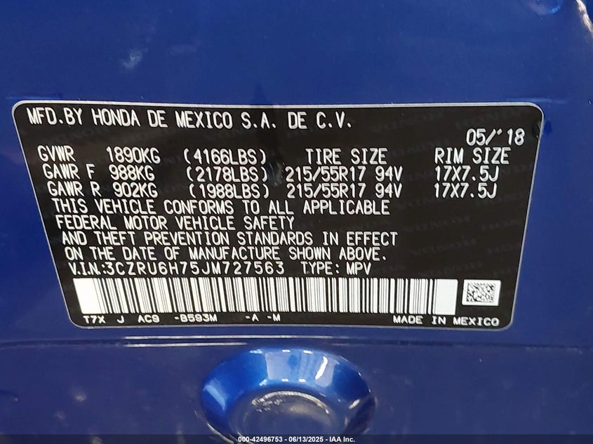 2018 HONDA HR-V VIN: 3CZRU6H75JM727563