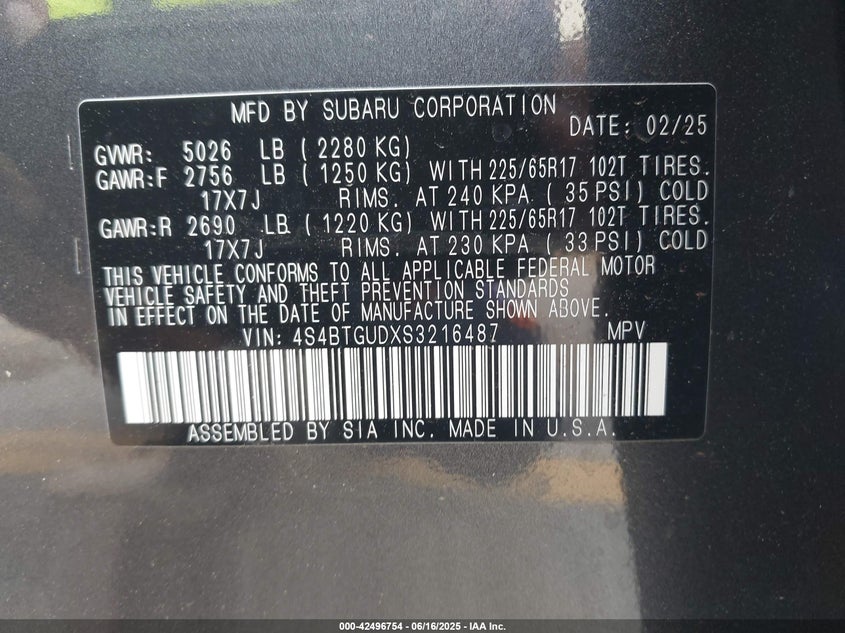 VIN 4S4BTGUDXS3216487 2025 SUBARU OUTBACK WILDERNESS